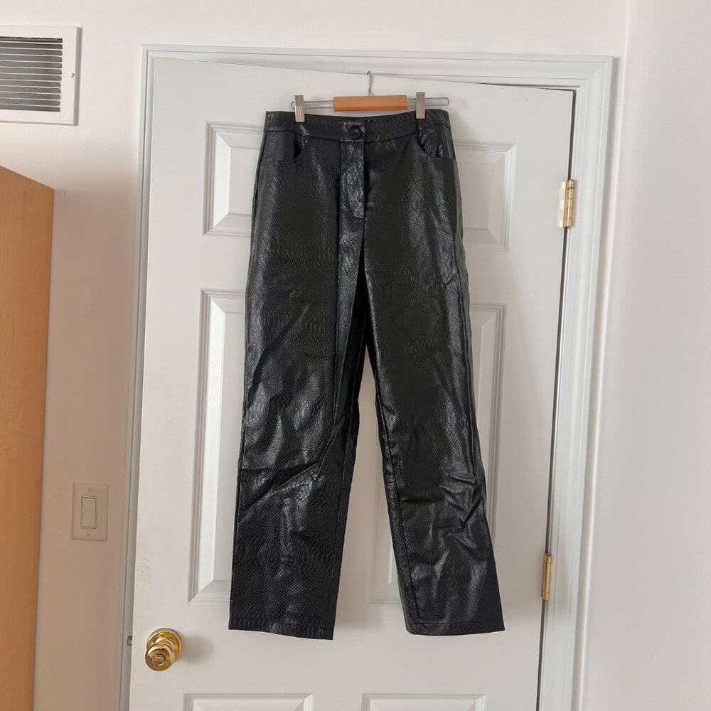 Black Faux Leather Pants – Straight Leg with Snake Print